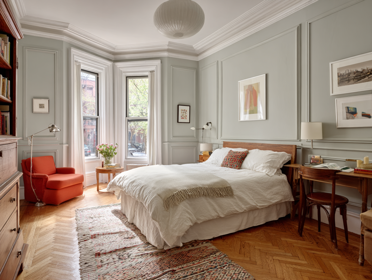 Calm, well-insulated Brooklyn townhouse bedroom with natural light and soft decor.